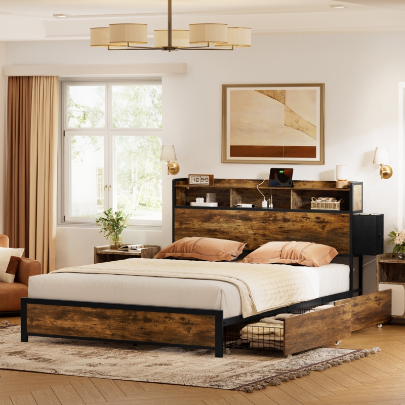 Antioch Bed Frame with 2 Bedside Drawers & 2 Underbed Drawers, Modern Bed with Outlet & LED Light