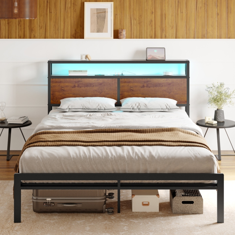 Antioch Bed Frame with LED Lights and USB Ports, Metal Frame with Headboard, Large Storage Space