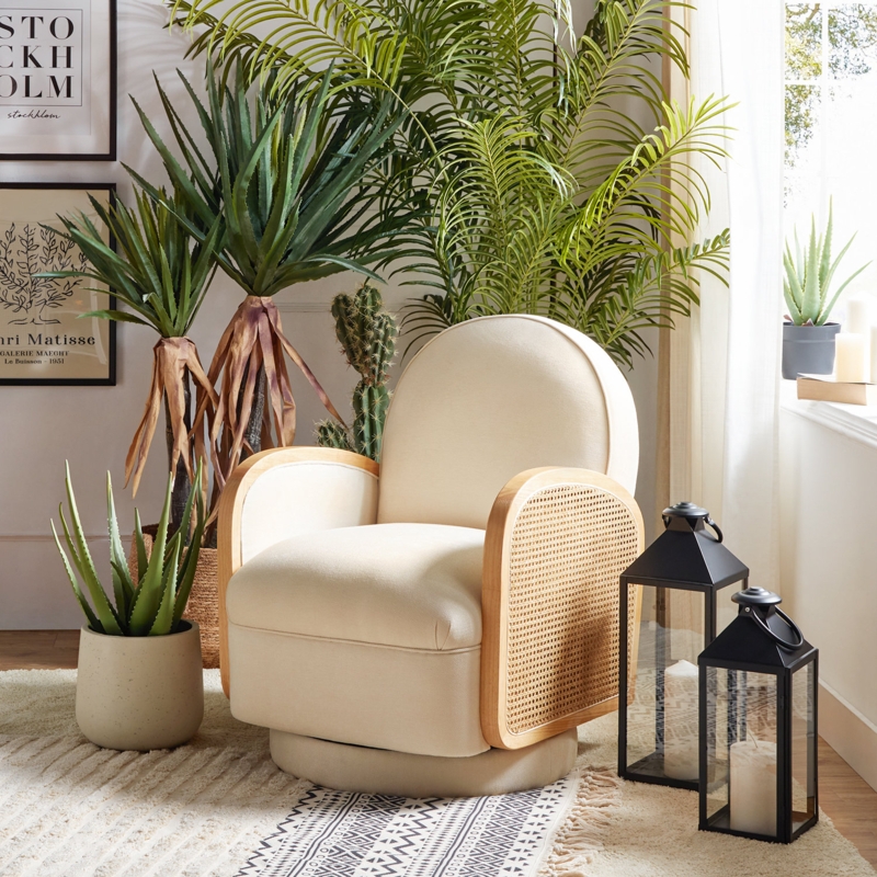 Argyro Farmhouse Upholstered Rattan Swivel Armchair