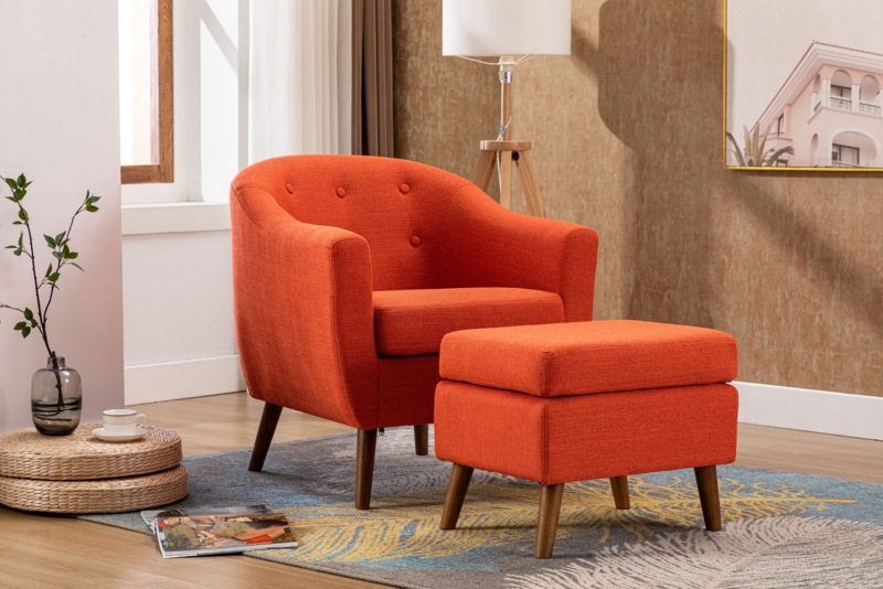 Arlaith Linen Upholstered Accent Chair with Ottoman, Rubberwood Legs