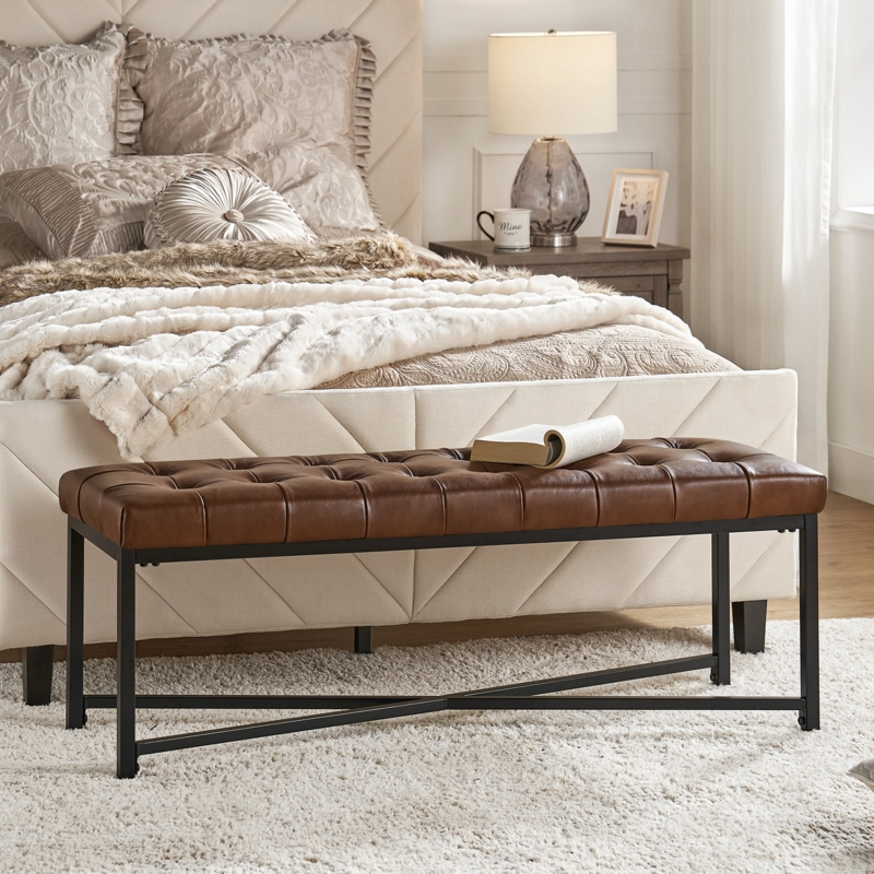 Arnold Modern 50.5" Genuine Leather Upholstered Bench With  Shelves Storage