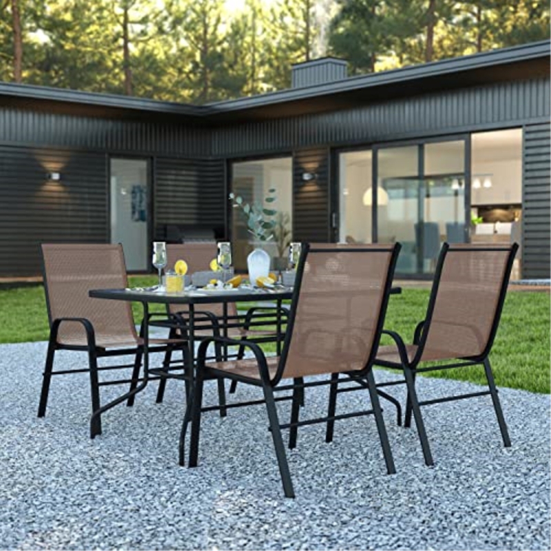 Artu Outdoor Patio Dining Set - 55" Tempered Glass with Umbrella Hole, Flex Comfort Stack Chair