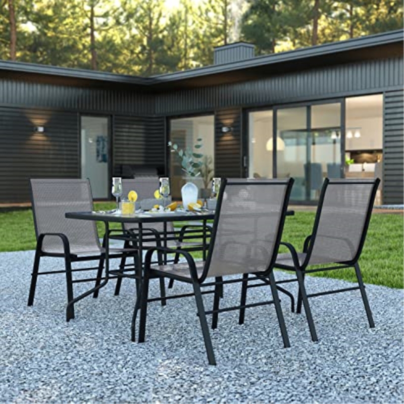 Artu Outdoor Patio Dining Set - 55" Tempered Glass with Umbrella Hole, Flex Comfort Stack Chair