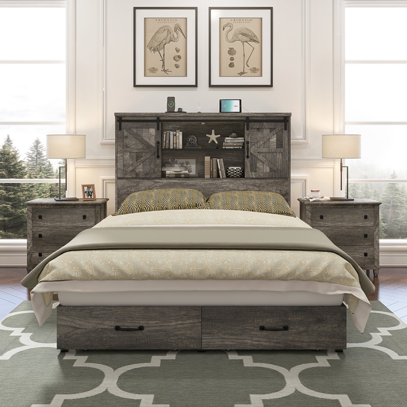Ashil Wooden Platform Bed Frame with Sliding Barn Door Bookcase Headboard