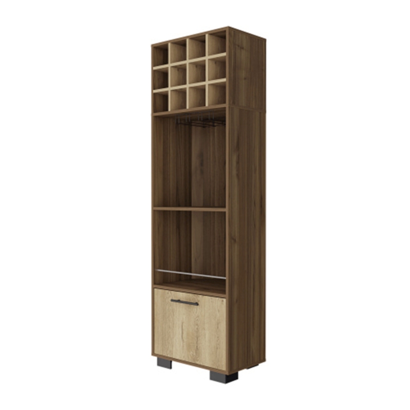 Aubree Corner Bar Cabinet with 12 Wine Cubbies, 2 Shelves, Cabinet, Glass Rack, Mahogany/ Macadamia