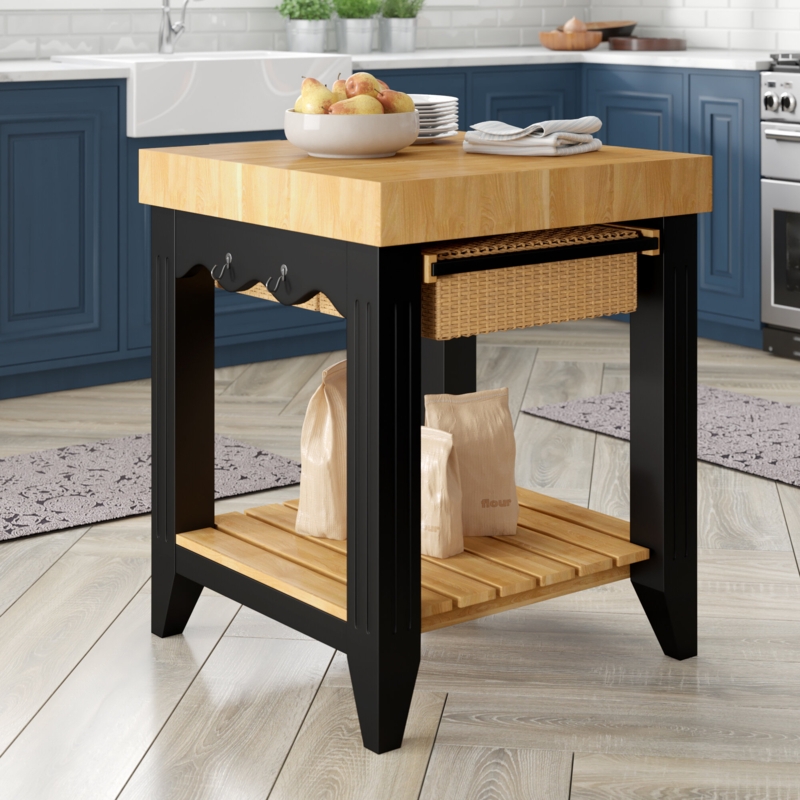 Behling Solid Butcher Block Kitchen Island with Baskets and Storage Shelf