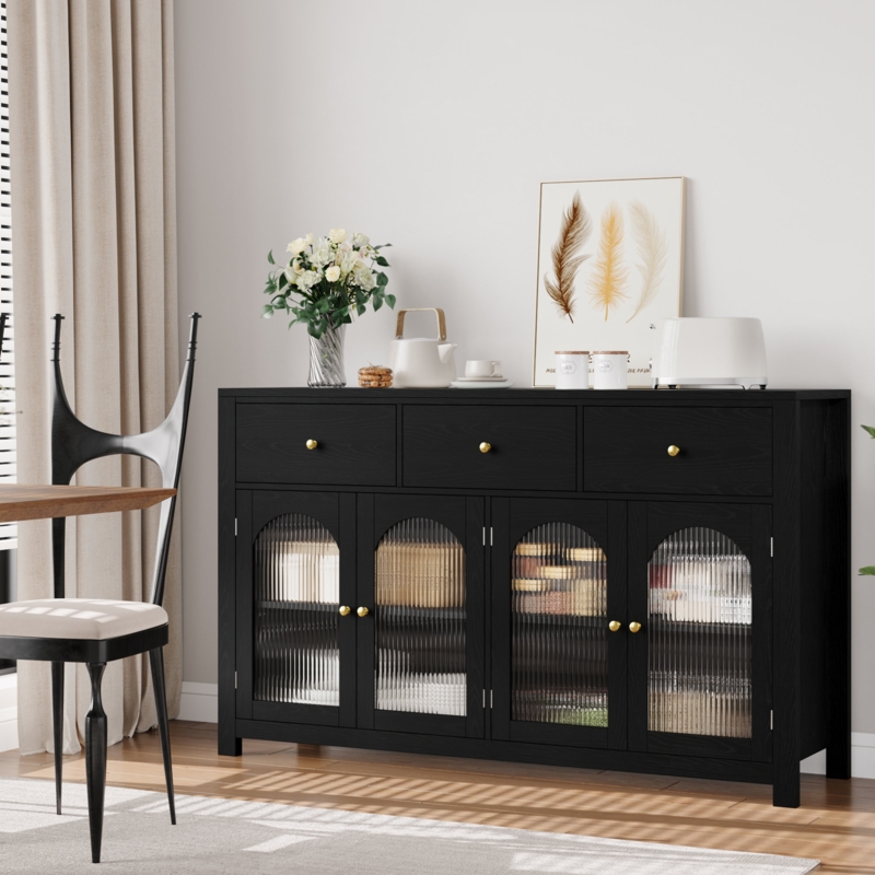 Bonnetta 55.1"W 3 Drawer Sideboard Buffet, Modern Sideboard with Glass Doors