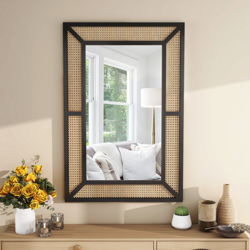 Brandy Rectangle Wood Rattan Wall Mirror Long Mirror