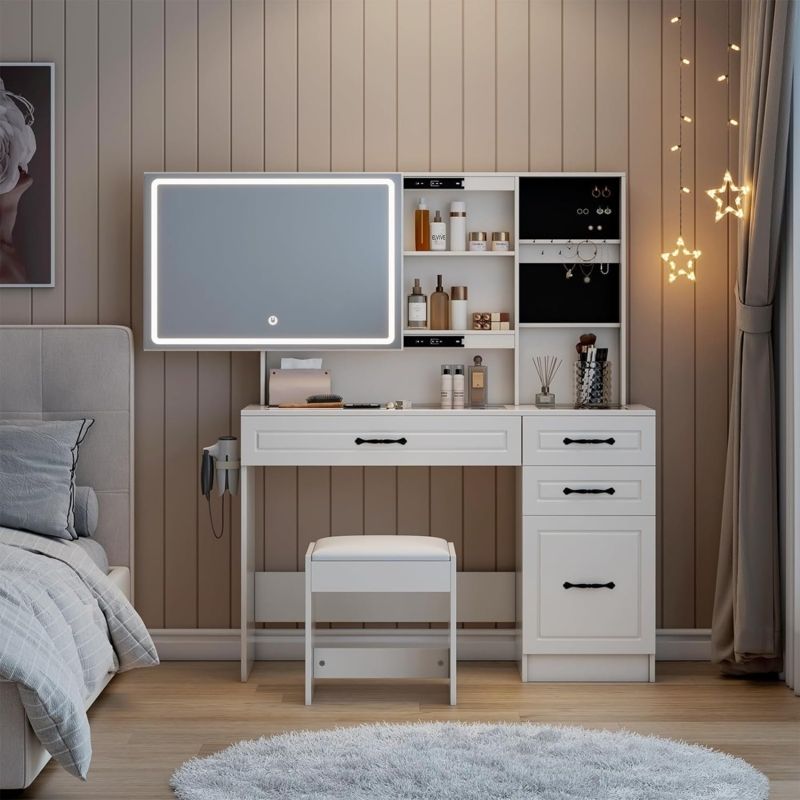 Breandra 45" Makeup Vanity Table Set with Sliding & LED Lighted Mirror, Storage Dresser | Foter Breandra 45" Makeup Vanity Table Set with Sliding & LED Lighted Mirror, Storage Dresser | Foter