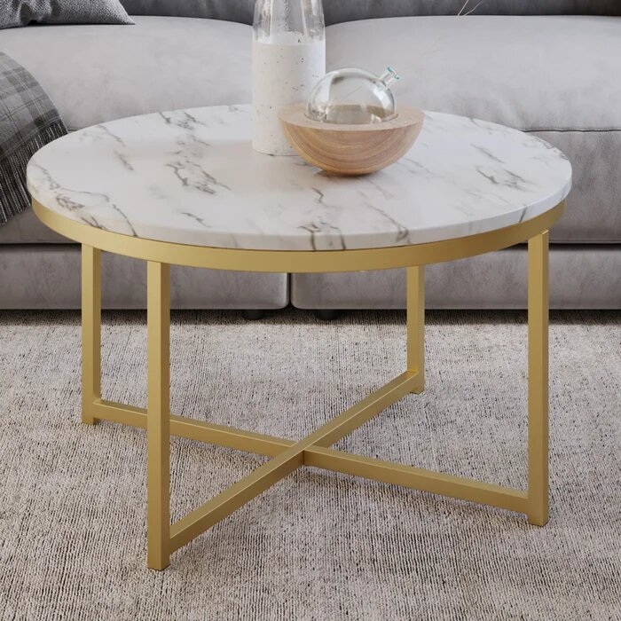 Brendan 31.5" Modern Round Coffee Table with Faux Marble Top and Gold Base