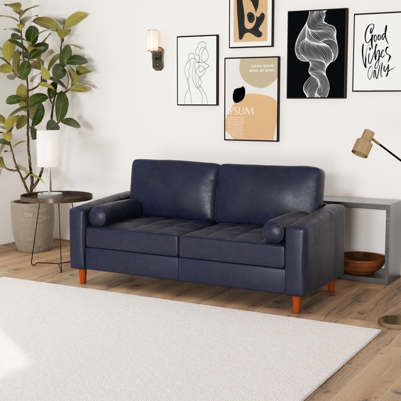 Brex 72" Wide Faux leather Upholstered Sofa With 2 Waist Pillows And Wooden Legs