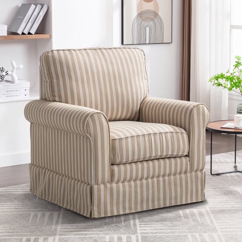 Brodee 33.5" W Modern Soft Wide Upholstered Striped Swivel Arm Accent Chair