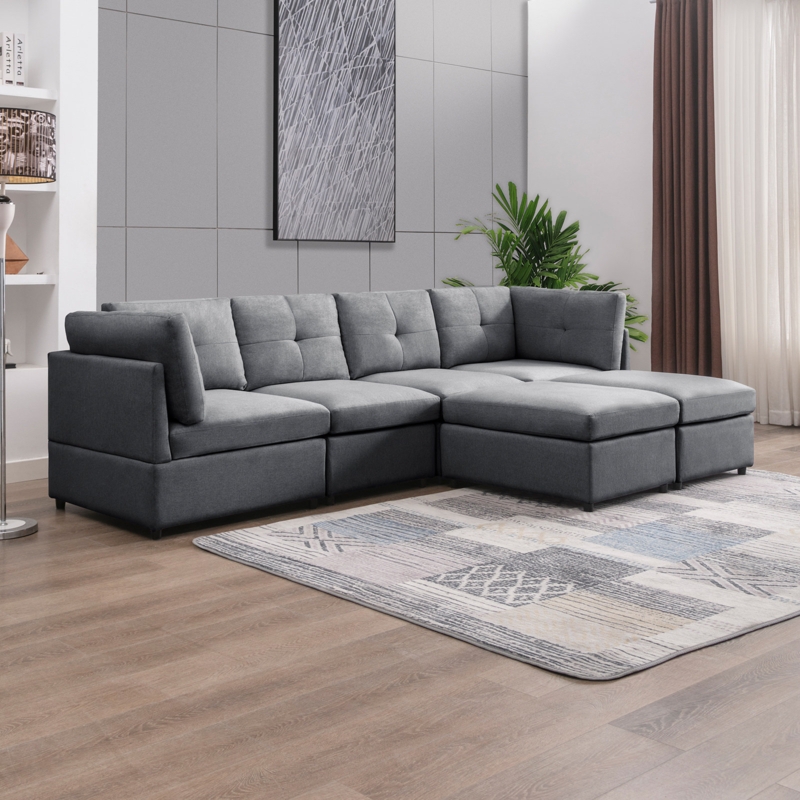 Burmah Latitude Run Modern U Shaped Convertible Sofa Couch, Modular Sectional Sofa With Tufted Back Cushion, 6 Seat Oversized Sectionals Sofa Couch With Ottomans For Living Room