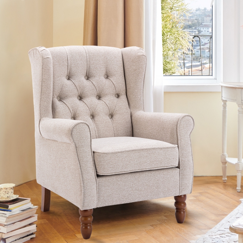 Button-Tufted Small Wingback Accent Chair with Rolled Arm and Thick Padded Cushion
