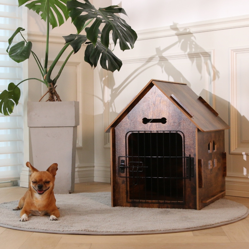 Byrn Wooden Pet House Indoor w/ Roof Dog house w/ Removable Mat and Lockable Door for Small dog cat
