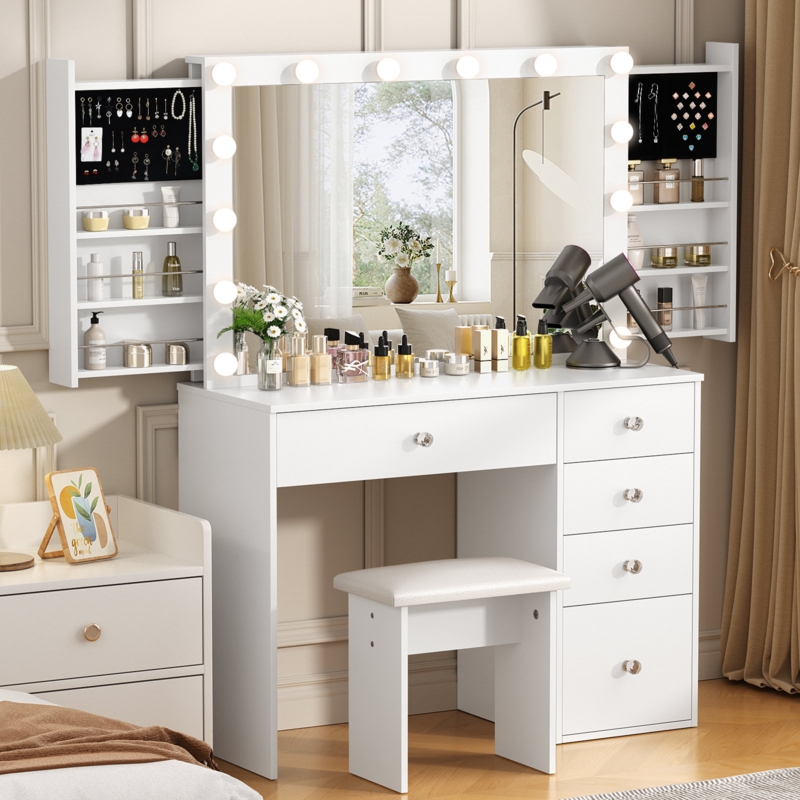Calijah Makeup Vanity with Hidden Sliding Storage Shelves and Outlets