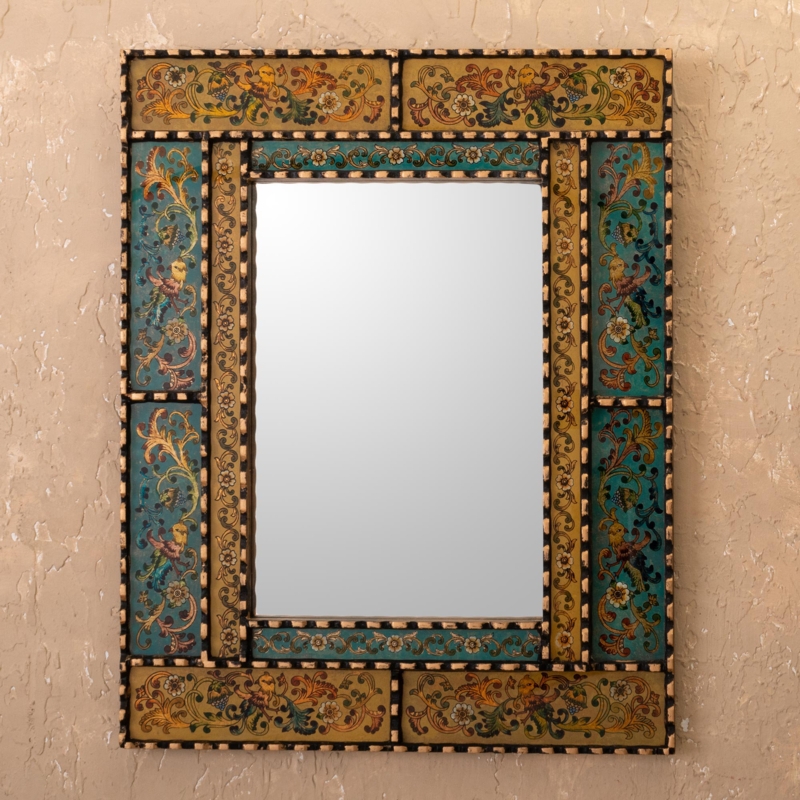 Canora Grey Handmade Golden Blue Elegance Reverse Painted Glass Wall Mirror