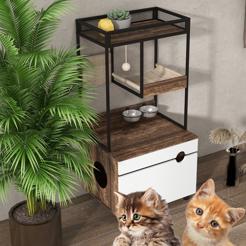 Cat Litter Box Enclosure With Cat Tree Tower, Scratching Pad u0026  Large Storage Space,Cat Cabinet
