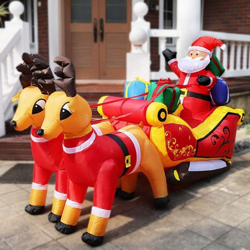 Catchy Santa on Sleigh with Reindeers and Gift Boxes Inflatable
