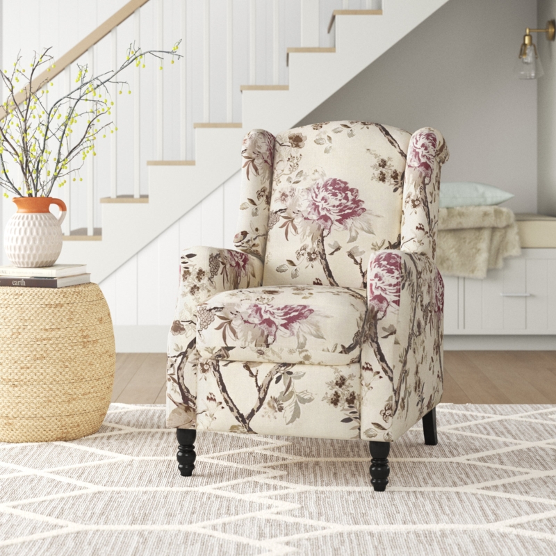 Celia Upholstered Floral Recliner with Classic Wing Back and Solid Vase-shape Wooden Legs