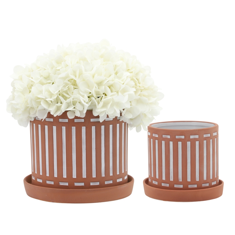 Ceramic Planter - Striped Design, For Indoor and Outdoor Plants, Succulent Planter Set, Terra Cotta 2 Piece Planter Set