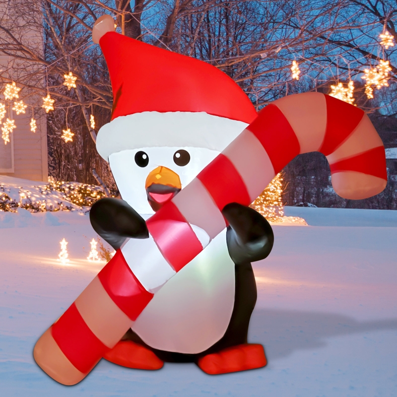Christmas Inflatable 5FT Inflatable Penguin with Candy Cane Cute Inflatable Christmas Penguin