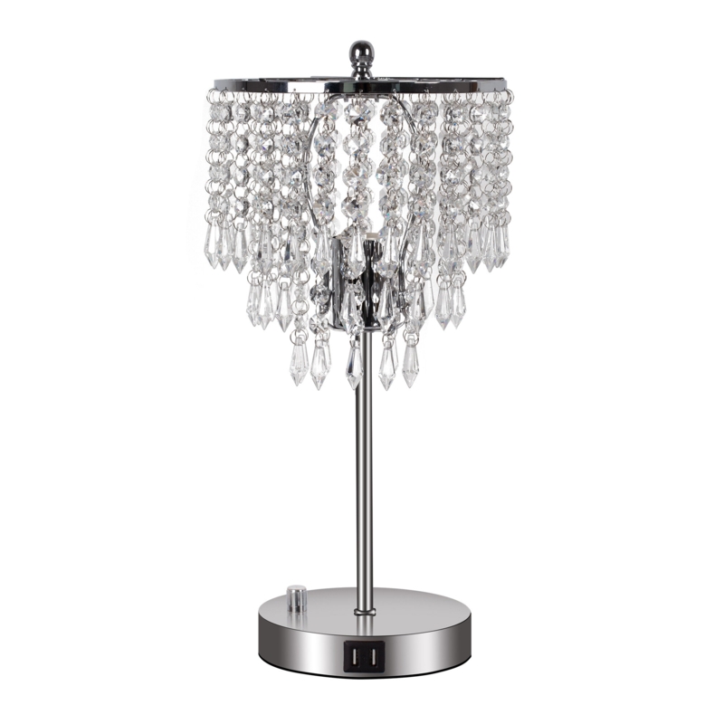 Chrome 3-Way Dimmable Crystal Desk Lamp With Dual USB Charging Ports
