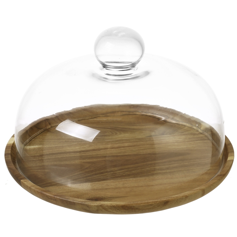 Clear Glass Cake Stand With Wood Tray