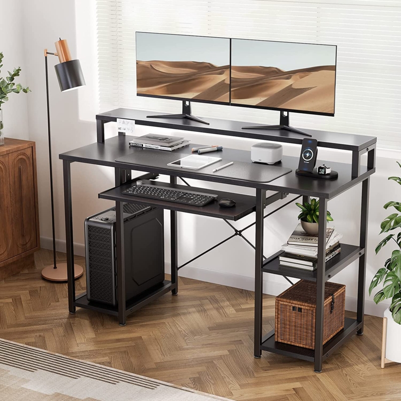 Clivden 47" Wide Computer Desk Studying Writing Table with Monitor Stand Storage Shelves Keyboard Tray for Home Office