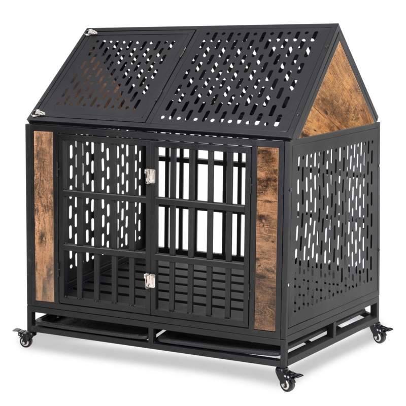 Connice 42 Inch Heavy Duty Dog Crate for Medium to Large Dogs, Indestructible Kennel for High Anxiety Dogs, Two Removable Trays and Lockable Wheel, Chew Proof Pet Cage Indoor