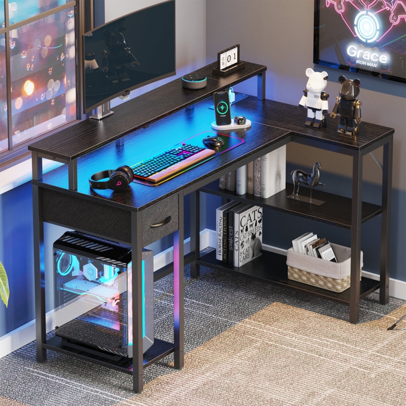 Coolbrook L Shaped Computer Gaming Reversible Corner Desk with LED Lights with Power Outlets with Shelves u0026 Drawer for Home Office Desk