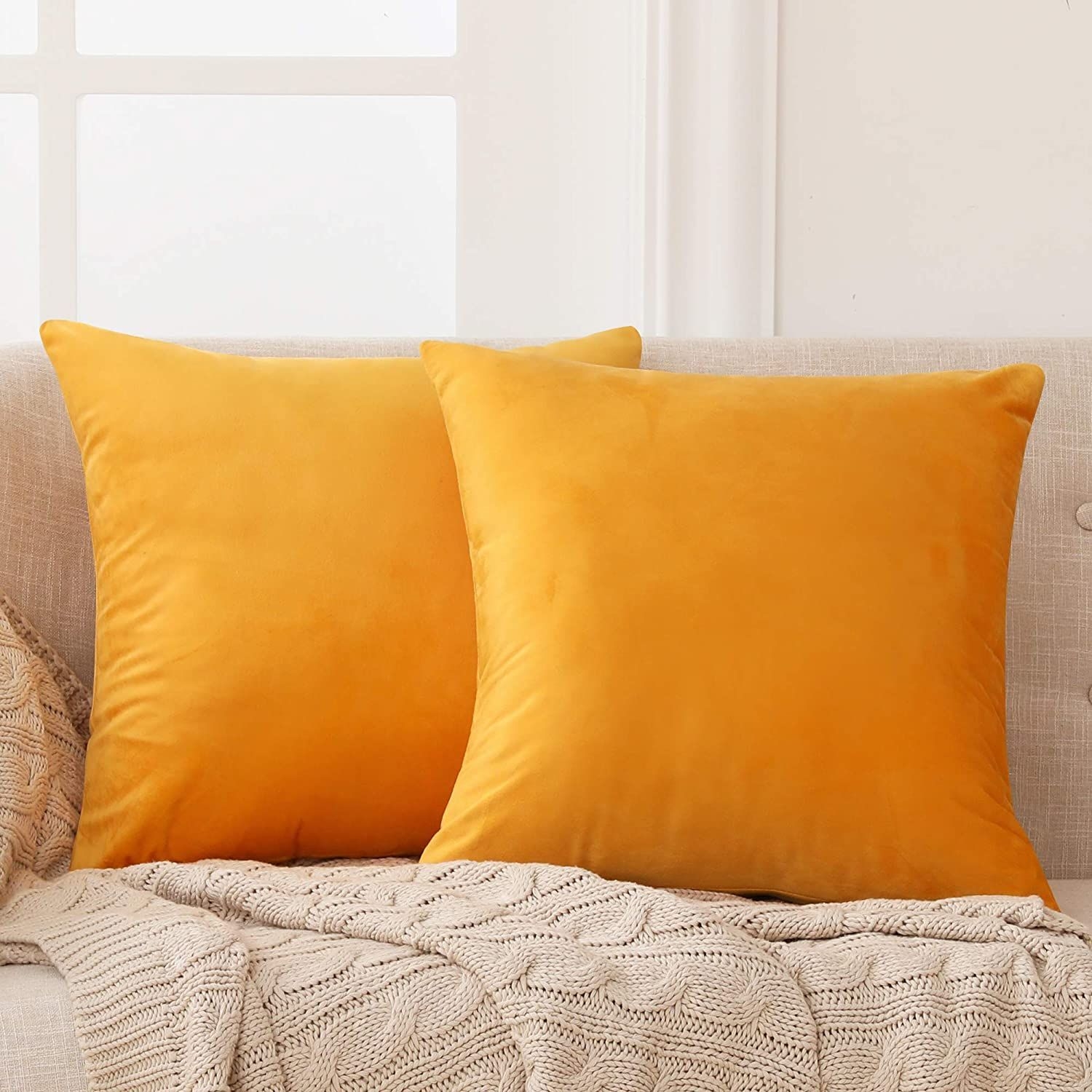 Crushed Velvet Cushion Covers Protector | Invisible Zipper, 2pc - Gold Yellow / 24x24
