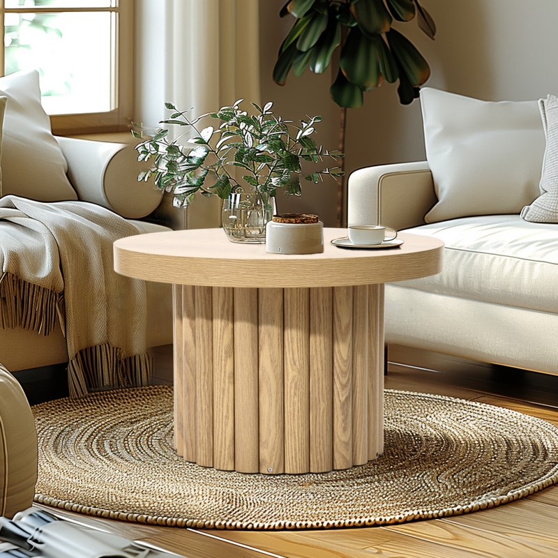Crystopher Natural Wood Fluted Round Coffee Table