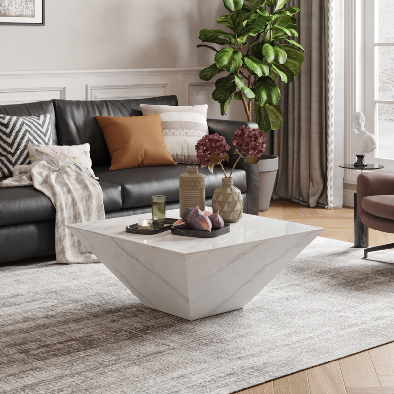 Dainera Modern Drum Coffee Table, Trapezoid Faux Marble Coffee Table, Fully-Assembled