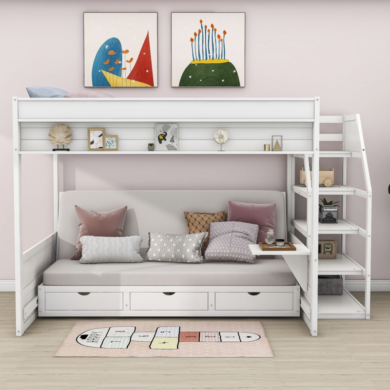 Dalvey Kids Full Over Full 3 Drawers Convertible Futon Bunk Bed with Storage Staircase