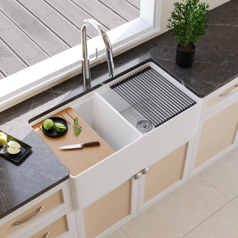 Deervalley 33" L X 20" W Double Basin Workstation Farmhouse Kitchen Sink With Sink Grid, Cutting Board And Dish-Drying Rack
