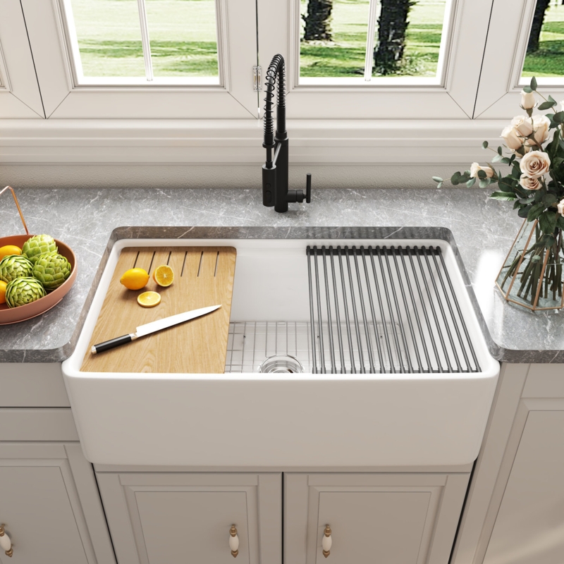 Deervalley 33" L X 20" W Single Basin Workstation Farmhouse Kitchen Sink With Sink Grid, Cutting Board And Dish-Drying Rack