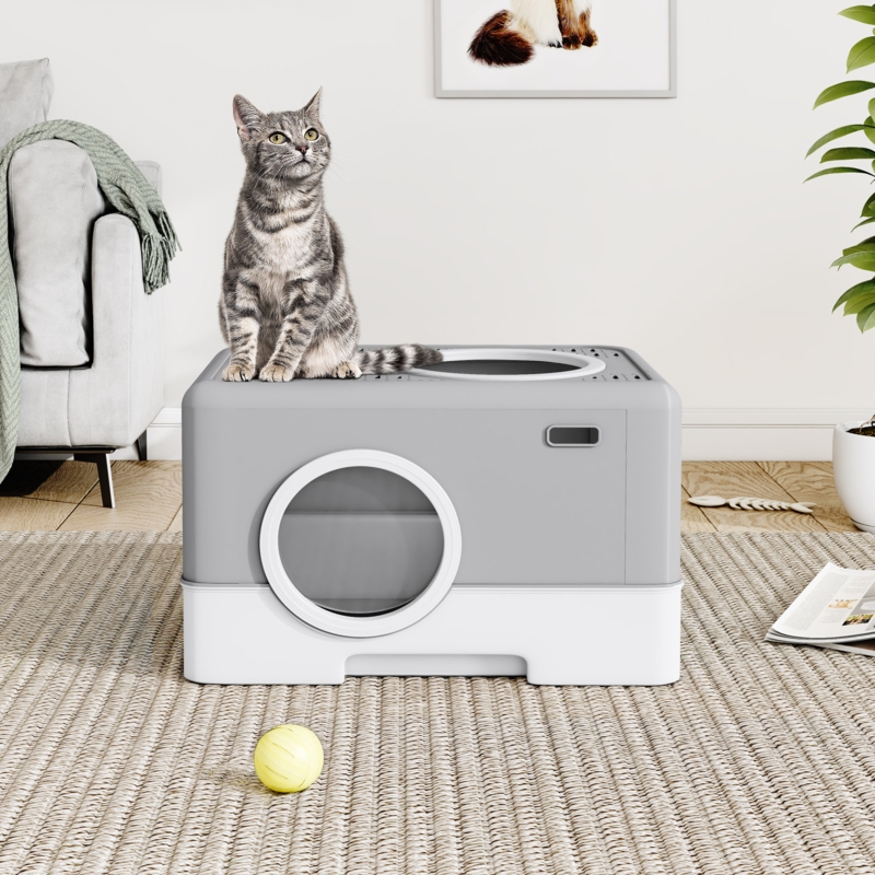 Denholme Standard Plastic Cat Litter Box with Scoop, Front Entry and Top Exit