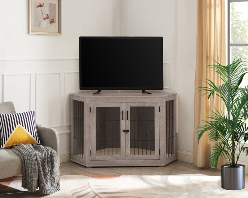 Dereham Furniture Corner Dog Crate With Cushion, Dog Kennel With Wood And Mesh, Dog House, Pet Crate Indoor Use, Perfect For Limited Room