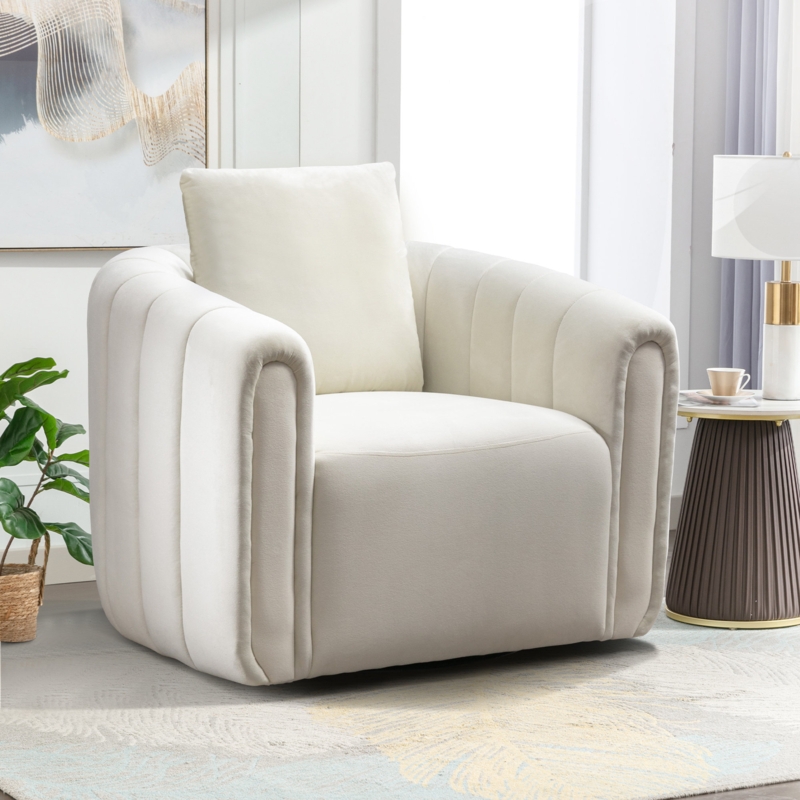 Deria 30.5''Wide Modern Soft Velvet Upholstered Swivel Armrest Barrel Chair with Pillow