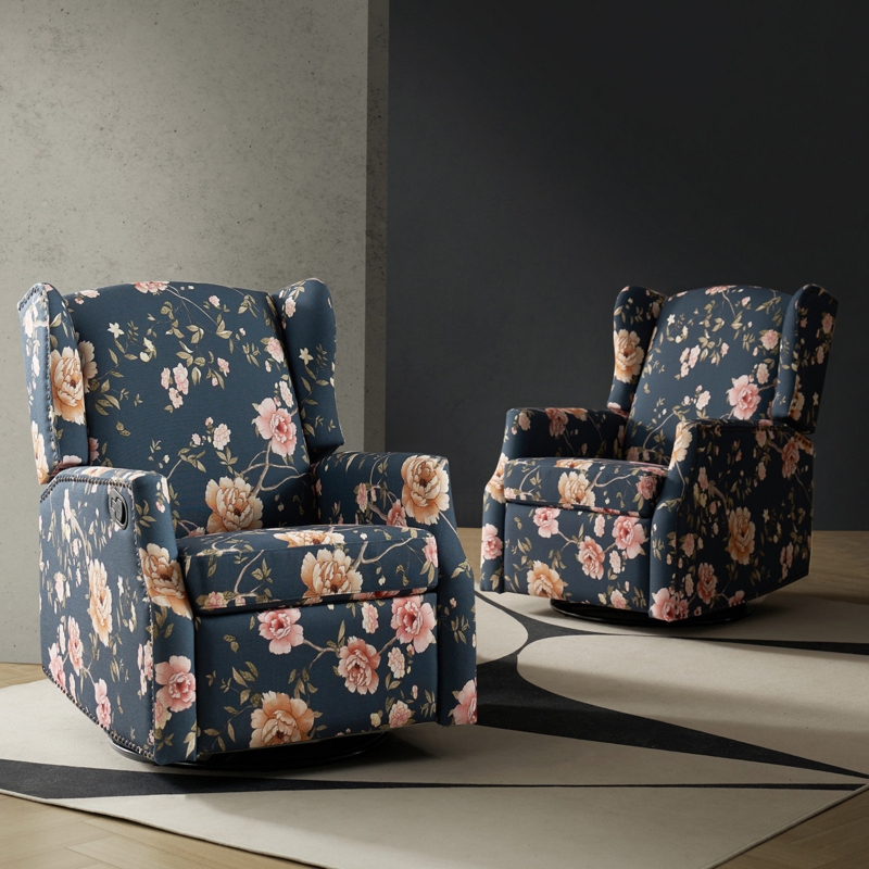 Dudden Floral Printed Wingback Swivel Rocker Recliner with Nailhead
