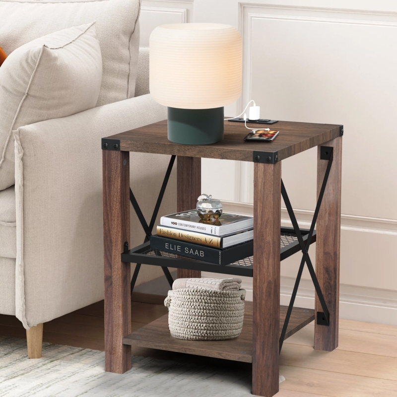 Eidelweiss Tall End Table with 2 USB Ports, 2 Power Outlets, and 2 Storage Shelves