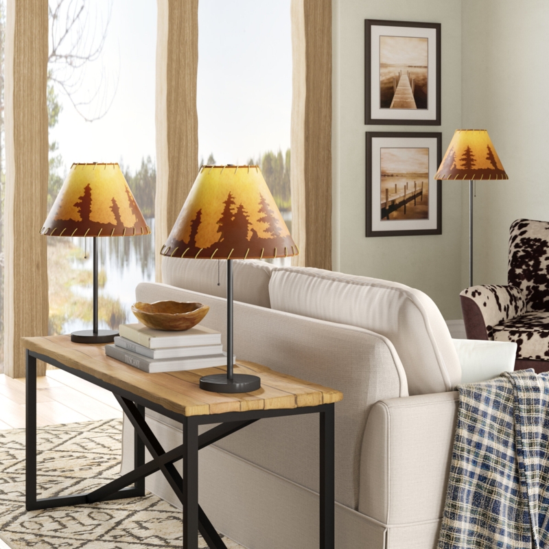 Elsea 58" Rustic Cabin Lodge Table u0026 Floor Lamp with Pull Chain, Forest Print