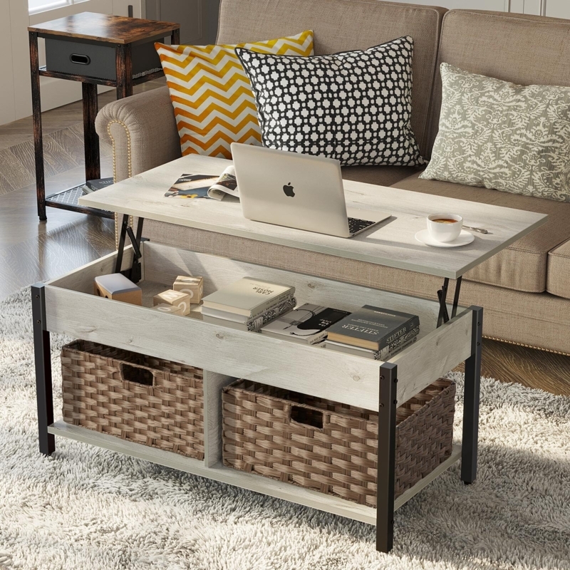 Eoghan 41.7" Lift Top Coffee Table with Hidden Storage Compartment and 2 Rattan Baskets