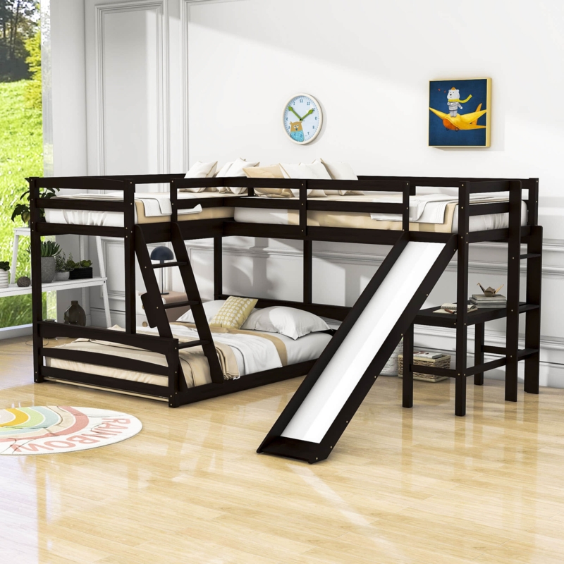 Evie-Eliana Twin Over Full & Twin L-Shaped Bunk Beds with Slide and Built-In Desk