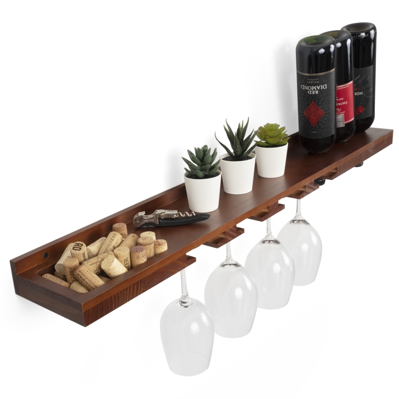Faizal 3 Bottle Solid Wood Wall Mounted Wine Bottle u0026 Glass Rack in Brown