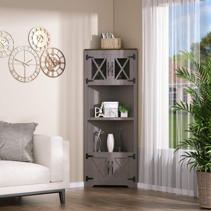 Farmhouse Corner Cabinet, 5 Tier 66" Tall Corner Cabinet With Barn Door & Mesh Breathable Door