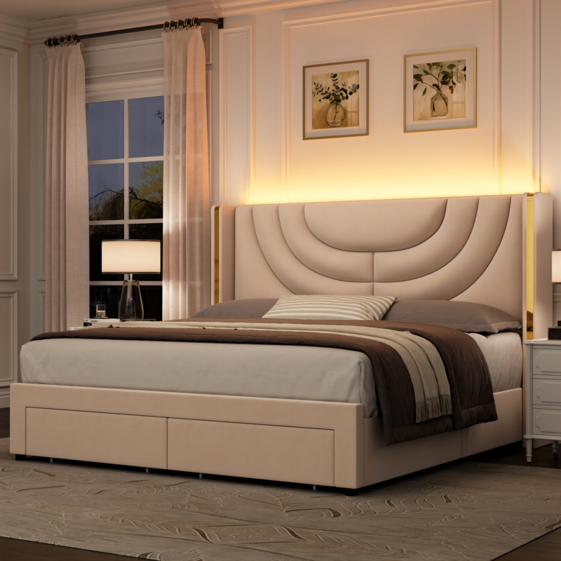Faulkwoods Velvet Upholstered Wingback Storage Bed, Wall Wash LED Light Headboard