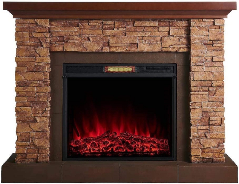 Feico Stackstone Electric Fireplace Mantel Package - Stacked Stone Design with Wood Shelf - 1,000 SQ FT