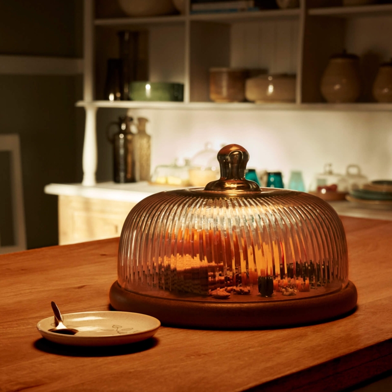 Fluted Glass Cloche With Wooden Base / Set Of 2